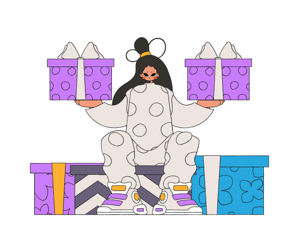 这个女孩拿着礼物。一个女人坐在礼品盒上。节日和礼物的概念。90年代的风格。图片下载