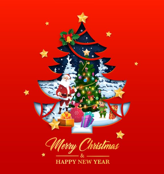 圣诞纸剪下松树剪影和圣诞老人图片下载