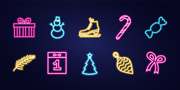 霓虹灯图标。冬天的图标。圣诞树和装饰品。礼物和鞠躬。糖果。日历。图片下载