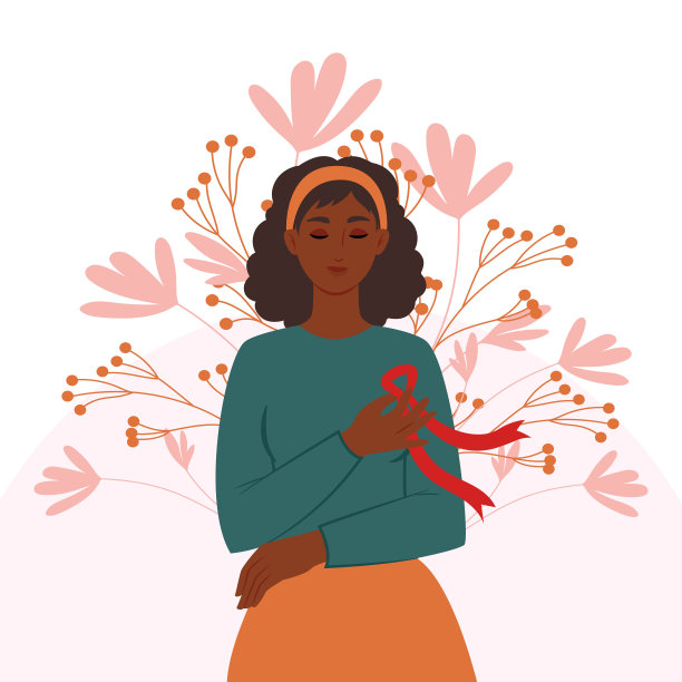 胸前系着红丝带的非洲裔妇女是抗击艾滋病的象征。预防艾滋病毒感染的概念。矢量平面图图片下载