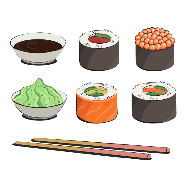 日本料理，亚洲料理的集合。餐厅的菜单和海报。运送地点矢量平面插图孤立在白色背景上。寿司卷饭团酱油套装。股票的照片图片下载