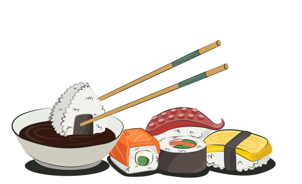 日本料理亚洲食物餐厅的菜单和海报。运送地点矢量平面插图孤立在白色背景上。寿司卷饭团酱油套装。股票的照片图片下载