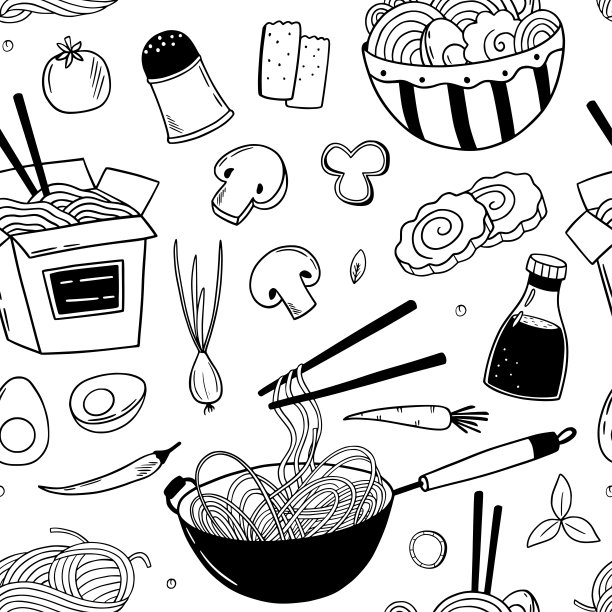 无缝模式与亚洲日本和中国传统食物。亚洲厨房背景。矢量插图的涂鸦风格。餐厅、咖啡厅的菜单。图片下载