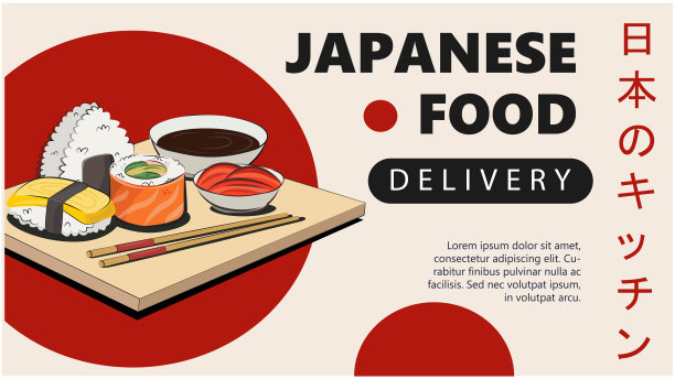 亚洲菜，日本菜。配送现场，寿司卷饭团酱油，拉面，炒锅，面条图片下载