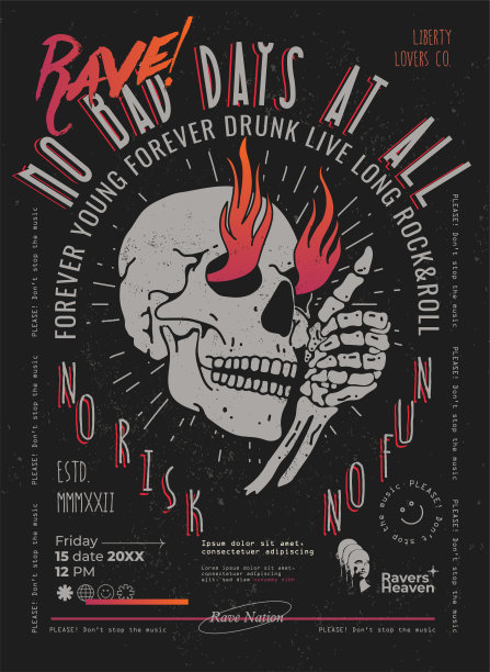 朋克音乐狂欢派对海报或传单设计模板与骷髅和排版组成在黑色背景。复古风格的矢量插图图片下载