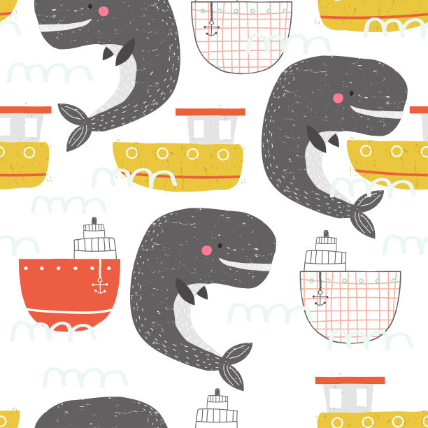 鲸鱼和船的无缝模式。可爱的航海儿童印花。矢量手绘插图。图片下载