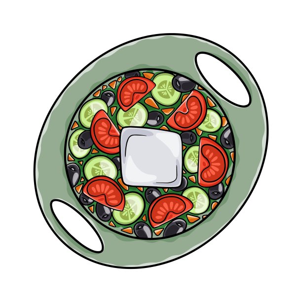 希腊沙拉。由番茄片、黄瓜片、洋葱、羊乳酪和橄榄制成。孤立矢量图。图片下载
