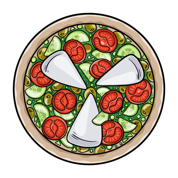 希腊沙拉。由番茄片、黄瓜片、洋葱、羊乳酪和橄榄制成。孤立矢量图。图片下载