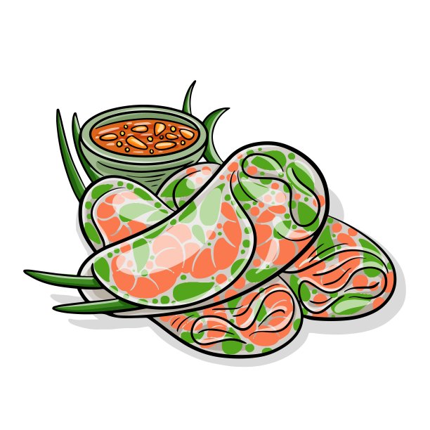 Goi皮。越南街头小吃，美味的卷，用虾，猪肉，蔬菜包在宣纸里。孤立矢量图。图片下载