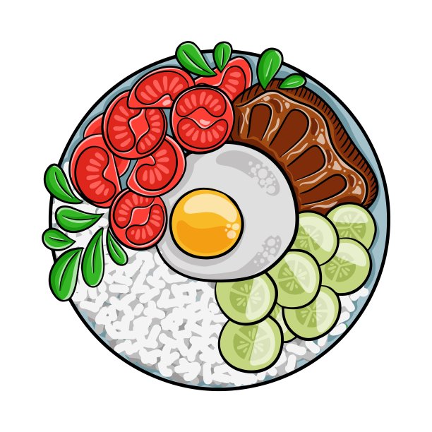 越南菜:美味的碎米配鸡蛋派和烤猪排。孤立矢量图。图片下载