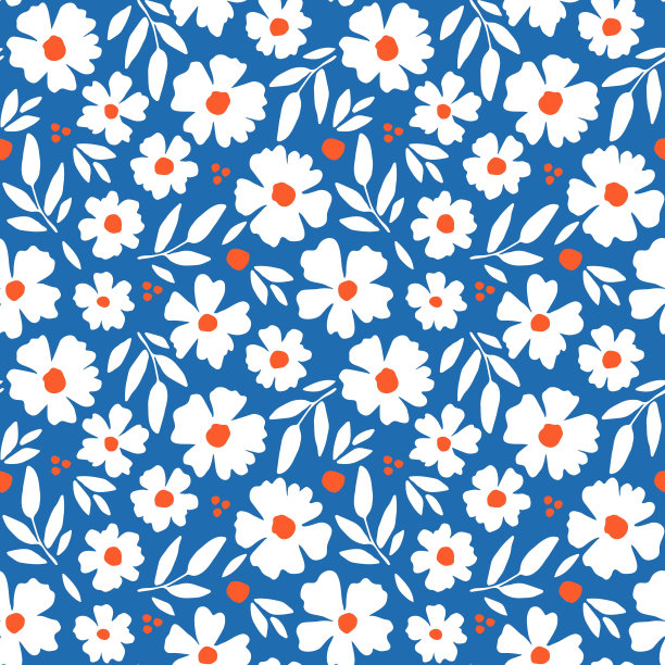简单的花卉矢量无缝模式。蓝色背景上有白色、橙色的花朵和叶子。用于织物印花，纺织品。图片下载