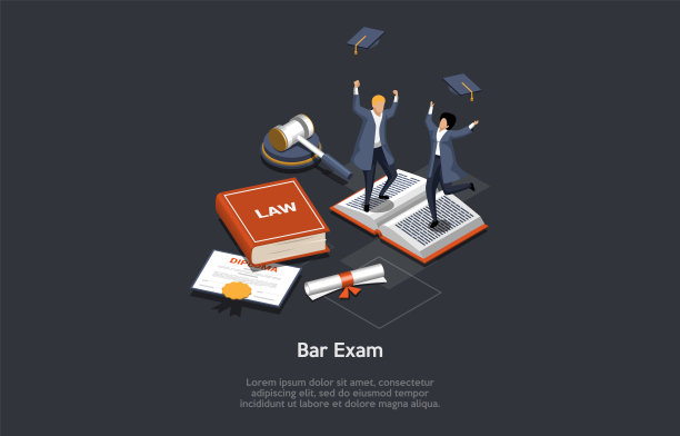 毕业概念，律师考试大学课程结束。快乐的学生在巨大的文凭和大学附近跳着，高兴地把他们的帽子扔在空中。等距3D矢量插图图片下载