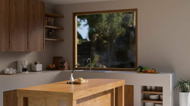 舒适的极简主义明亮干净的厨房室内设计，白色的厨房柜台，水槽，窗户图片下载