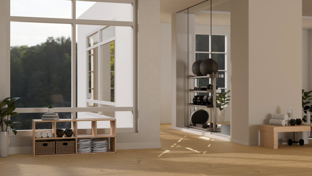 现代舒适的健身房在公寓楼，公寓设施，健身房内部图片下载