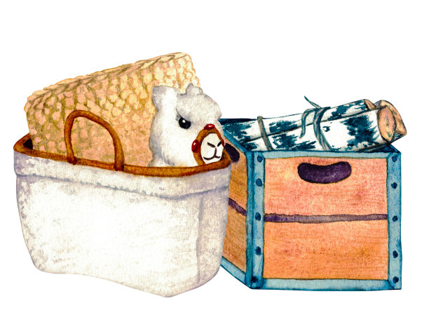 木盒子。柴火。水彩插图室内客厅柳条篮，玩具喇嘛。剪纸艺术。白色背景上的家居装饰元素。图片下载