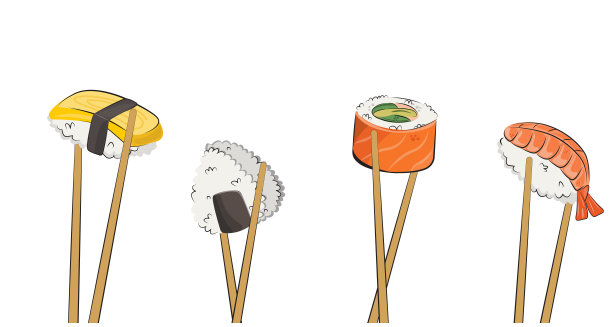 日本料理，手拿筷子，亚洲料理。餐厅的菜单和海报。运送地点矢量平面插图孤立在白色背景上。寿司卷饭团酱油套装。股票的照片图片下载