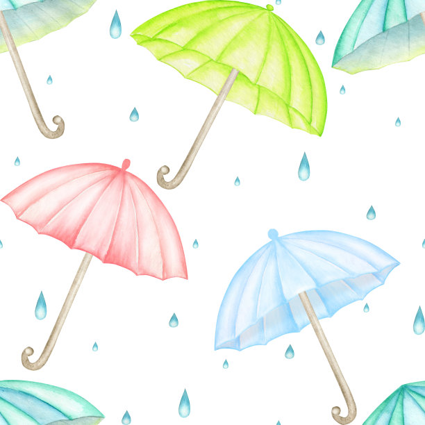 雨伞，雨滴，水彩无缝的图案，在一个孤立的背景。图片下载
