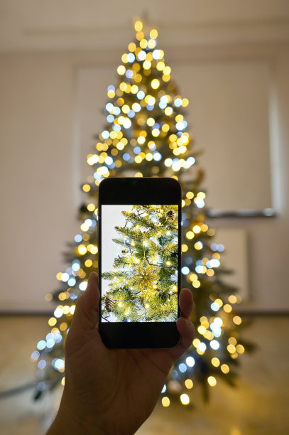 一名男子正在用手机装饰圣诞树图片下载