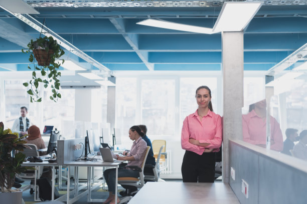 年轻微笑的商业女性在创意开放空间联合办公的初创公司办公室的肖像。成功的女商人站在办公室与文案空间。同事在后台工作。图片下载