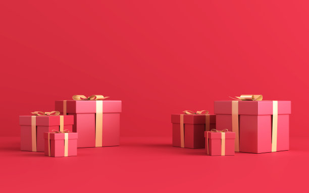 3d渲染红色礼盒与金色蝴蝶结的红色背景。库存图片图片下载