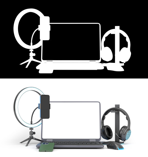 现代笔记本电脑与空屏幕和配件流3d渲染图像在白色与阿尔法图片下载