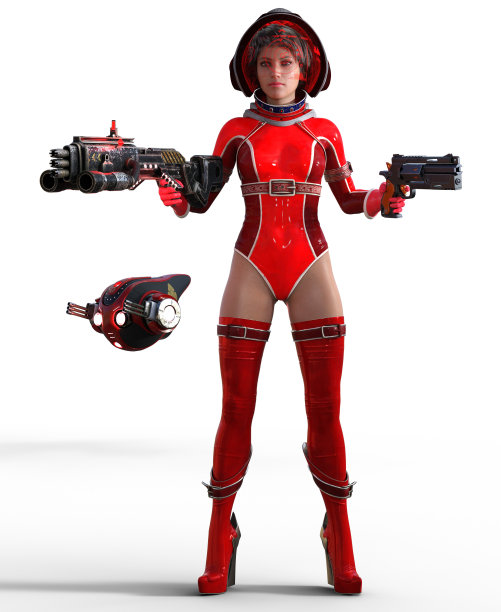 未来的战士女孩在一个红色的连衣裙，武装枪和步枪，3d渲染图片下载