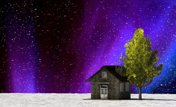 漂亮的星系视图与老房子的3d渲染图片下载