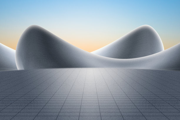 空旷的混凝土沥青地板广场和灰色抽象的弯曲墙。现代建筑的3D渲染与清晰的天空背景。图片下载