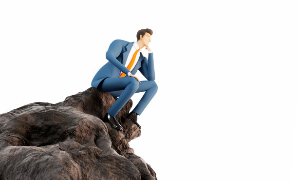 西装革履的成功商人坐在岩石山顶。思维的商人。解决问题，分析问题，找到解决方案。三维渲染图图片下载