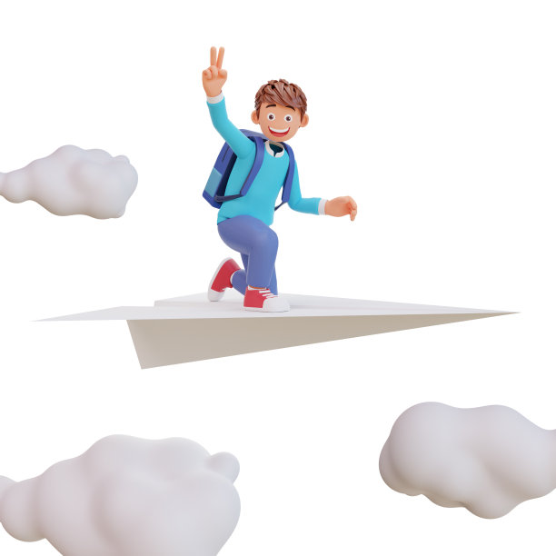 3d插图可爱的男孩坐在纸飞机上图片下载