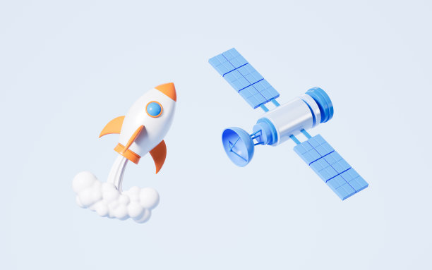蓝色背景的卡通火箭和卫星，3d渲染。图片下载