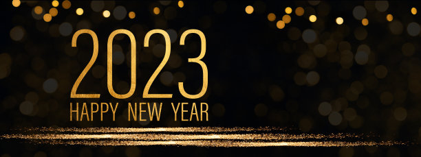 2023新年快乐节日贺卡横幅-金色年散景灯和闪光条纹在黑色夜晚纹理背景图片下载