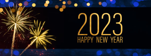 2023新年贺岁贺卡横幅全景-金年与文字，烟花烟火烟火在暗夜图片下载