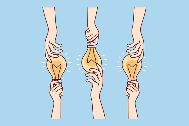 双手共用发光的灯泡是想法或共同头脑风暴的隐喻。矢量图图片下载