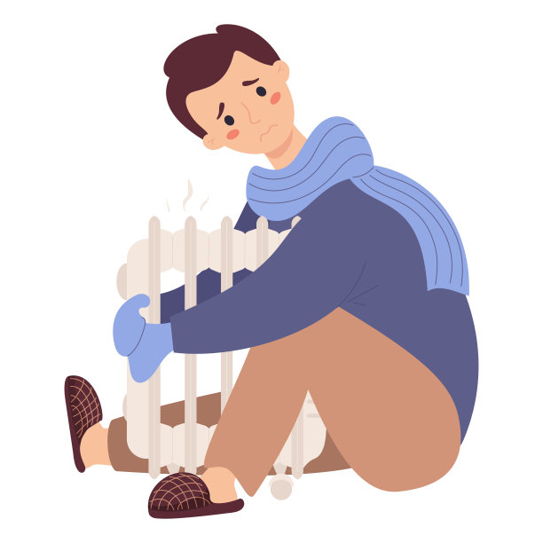 不开心的家伙戴着围巾和手套，在热电池旁冻着取暖。矢量插图。季节性感冒和遭受低温，疾病和感冒。图片下载
