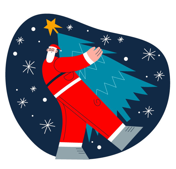 矢量卡通插图的一个可爱的传统圣诞老人字符手持一棵大圣诞树在他的手中。新年快乐。圣诞寒假设计元素图片下载