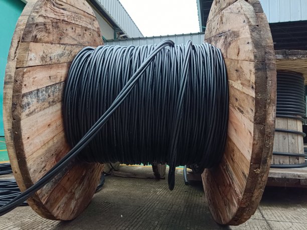 黑色电线电缆与木线圈电缆下天空。图片下载