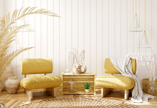 客厅的室内设计，白色的木板镶板墙上有黄色的扶手椅。农舍的风格。家居设计。三维渲染图片下载