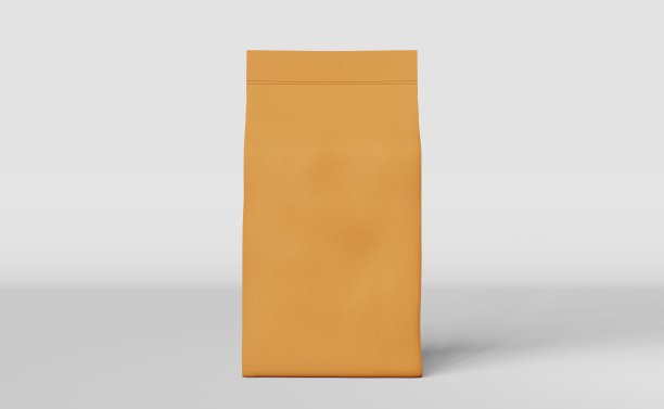 棕色立盒底袋咖啡品牌三维渲染。商品包装设计。商店销售演示。图片下载