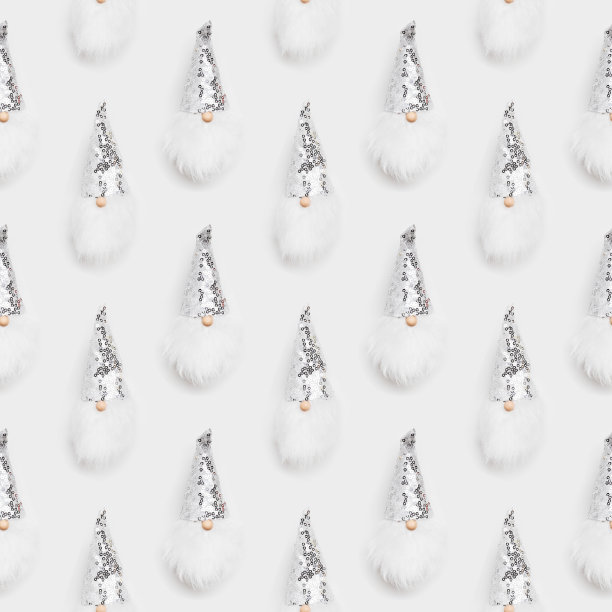 圣诞节最小图案与有趣的小矮人与白胡子。新年小矮人戴着闪亮的银白色帽子。新年快乐和圣诞快乐无缝模式为背景图片下载