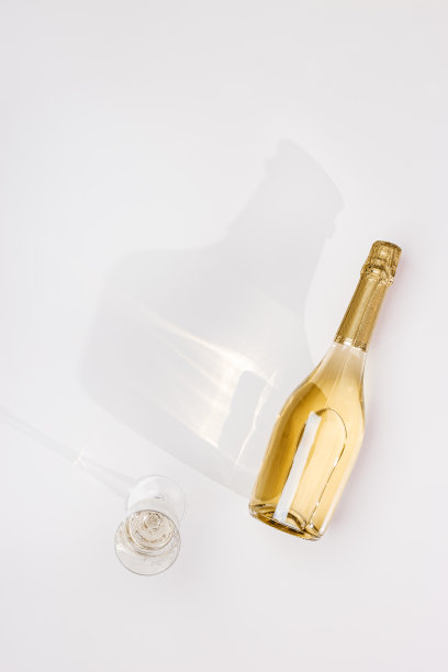 俯视图白色气泡酒瓶和玻璃葡萄酒与阳光阴影和眩光在浅白色背景。平铺着金色的香槟瓶。节日夏日酒精饮品概念，潮流静物图片下载