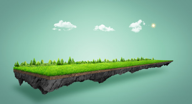 夏天的乡间小路和绿树。3d插画了一片与世隔绝的绿地，创意设计了旅游越野树木。图片下载