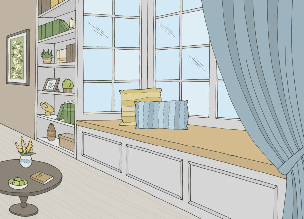 凸窗图形彩色室内素描插图矢量图片下载