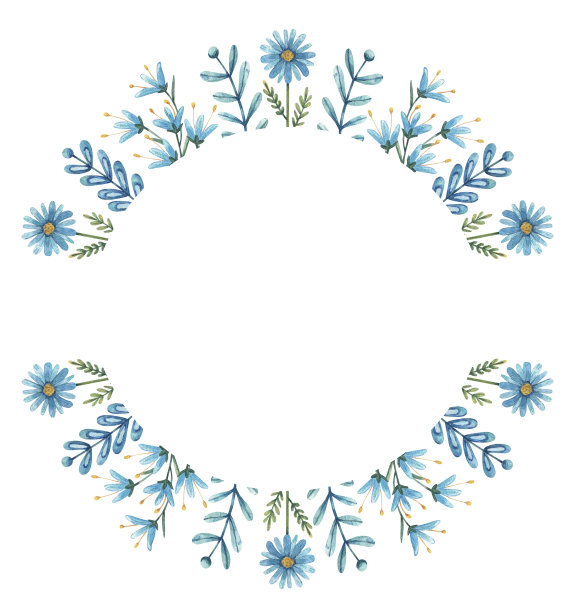 手绘圆形水彩构图孤立在白色背景上。带有蓝色花圈，用于明信片、请柬、设计、印刷等。图片下载