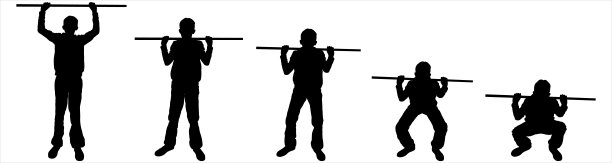 青少年运动剪影。体育运动的孩子。这个男孩在体育课上蹲着做各种运动和体育锻炼。五个黑色剪影孤立在白色背景上图片下载