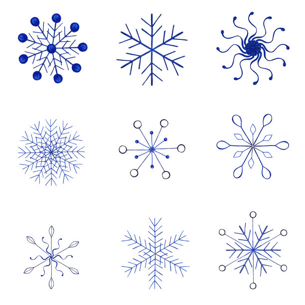 一套蓝色手绘雪花孤立在白色背景。图片下载