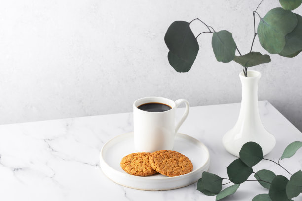 瑞典哲学平衡的生活理念，Lagom。舒适的早晨，一杯咖啡，素食饼干，送奶工，一杯橙汁。石桌上插着桉树树枝的花瓶。副本的空间。图片下载