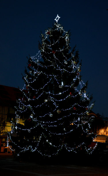 圣诞小镇的黄昏。圣诞树上装饰着白色的球和冰管，给人一种落水或下雪的感觉。云杉顶上有一颗漂亮的白星图片下载
