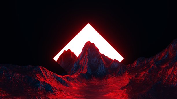 三维渲染，抽象的背景与几何菱形门户和超现实的景观与红色的山脉。神奇的壁纸图片下载