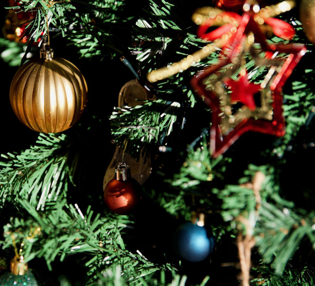 红色，莎士比亚蓝，苦乐参半红，棕灰色装饰物，圣诞树图片下载